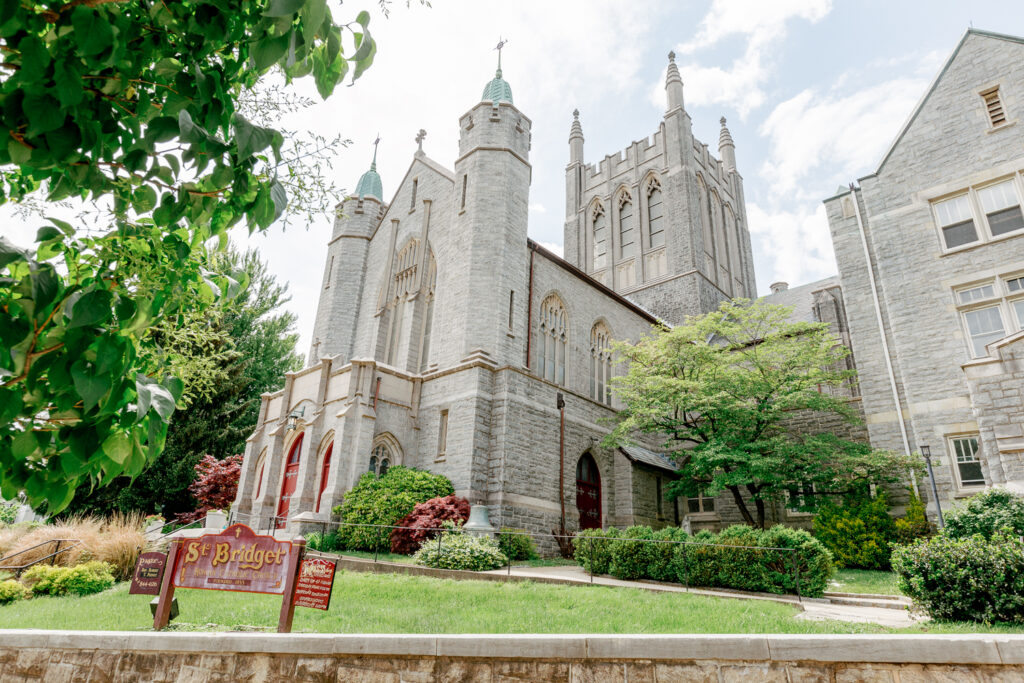 St. Bridget's Church in Philadelphia neighborhood East Falls on a spring wedding day