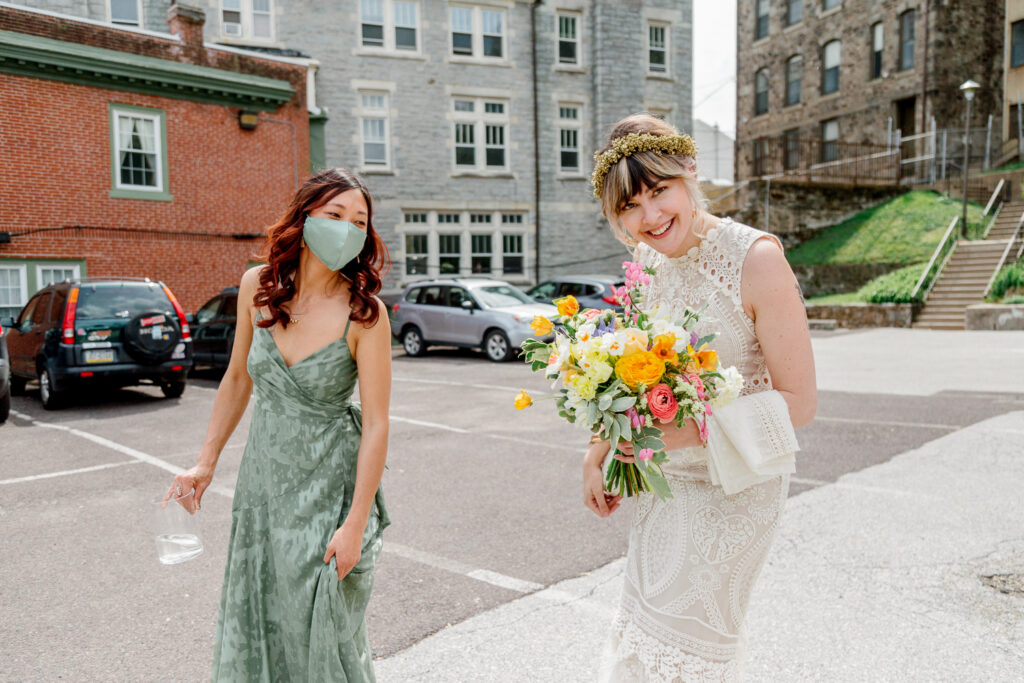 Philadelphia bride arriving at the church in East Falls by Pennsylvania wedding photographer Vay Photo