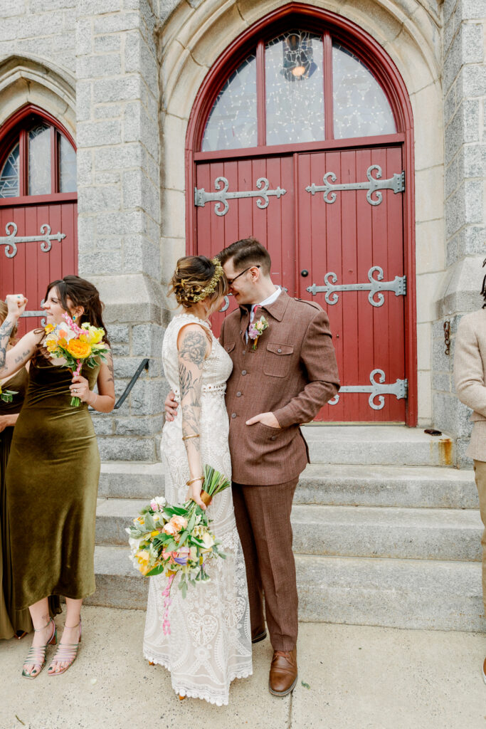 Bride and groom holding each other on a spring wedding day in Pennsylvania