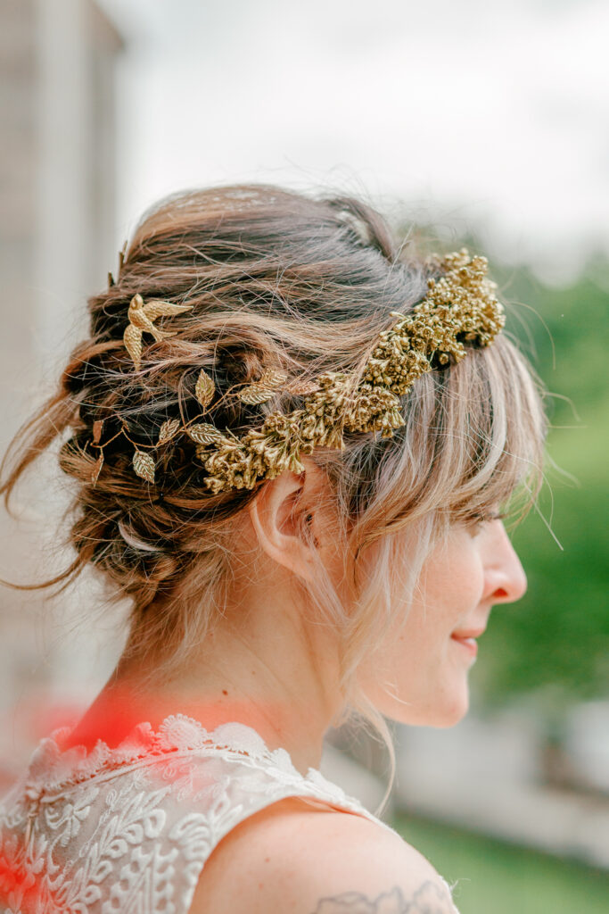 Gold botanical bridal crown for a small spring wedding in Philadelphia