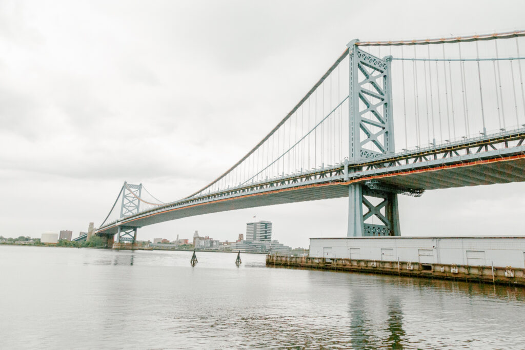 The Ben Franklin Bridge in Philadelphia on a spring wedding day