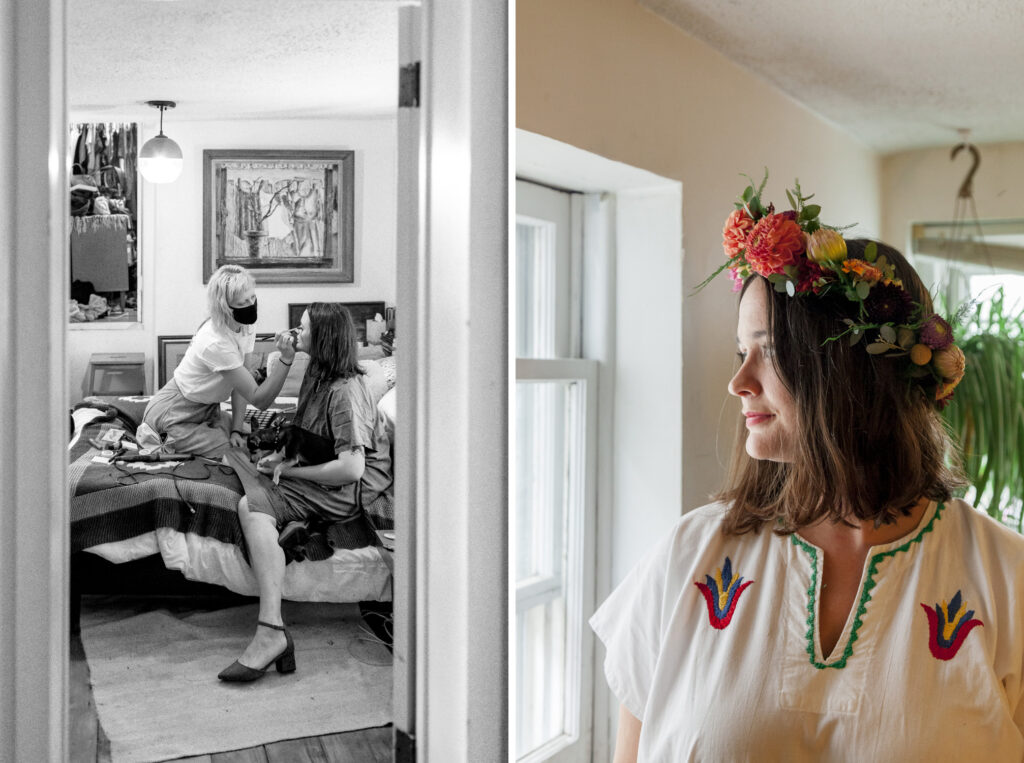 Bride getting ready for a backyard wedding at her home in South Philly