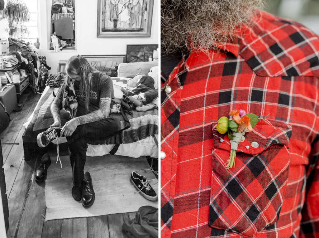 Groom getting dressed with his dog before a Philadelphia elopement