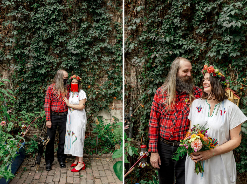 Bride and groom in their backyard in Philadelphia by wedding photographer Vay Photo