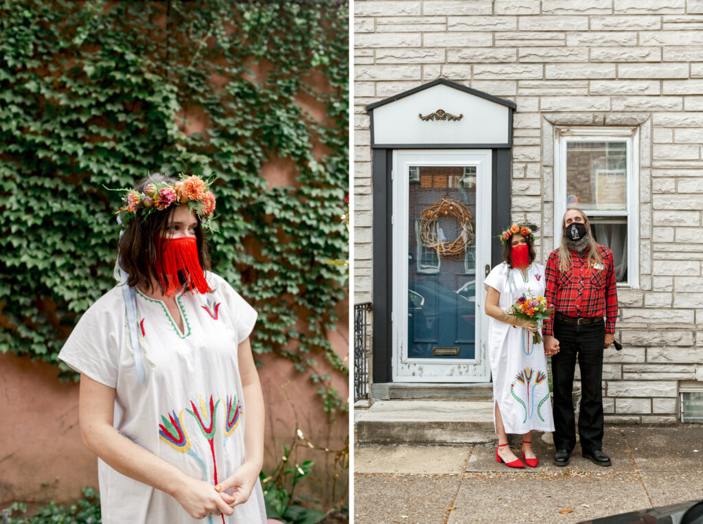 Bride and groom outside of their house in Philadelphia for an intimate summer wedding