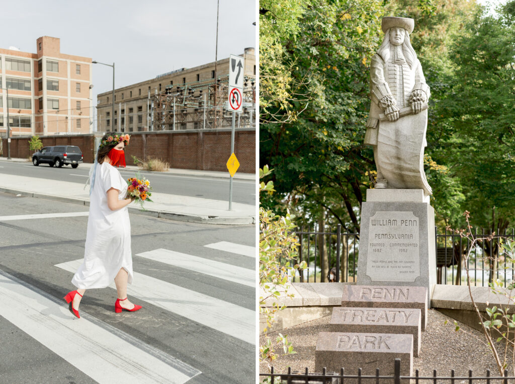 Bride walking to Penn Treaty Park in Philadelphia by Pennsylvania wedding photographer Vay Photo