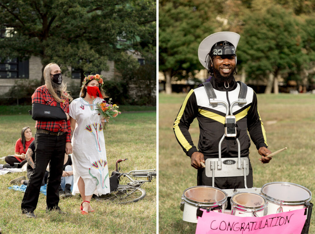 Philly Elmo plays the drums for the bride and groom after a small elopement